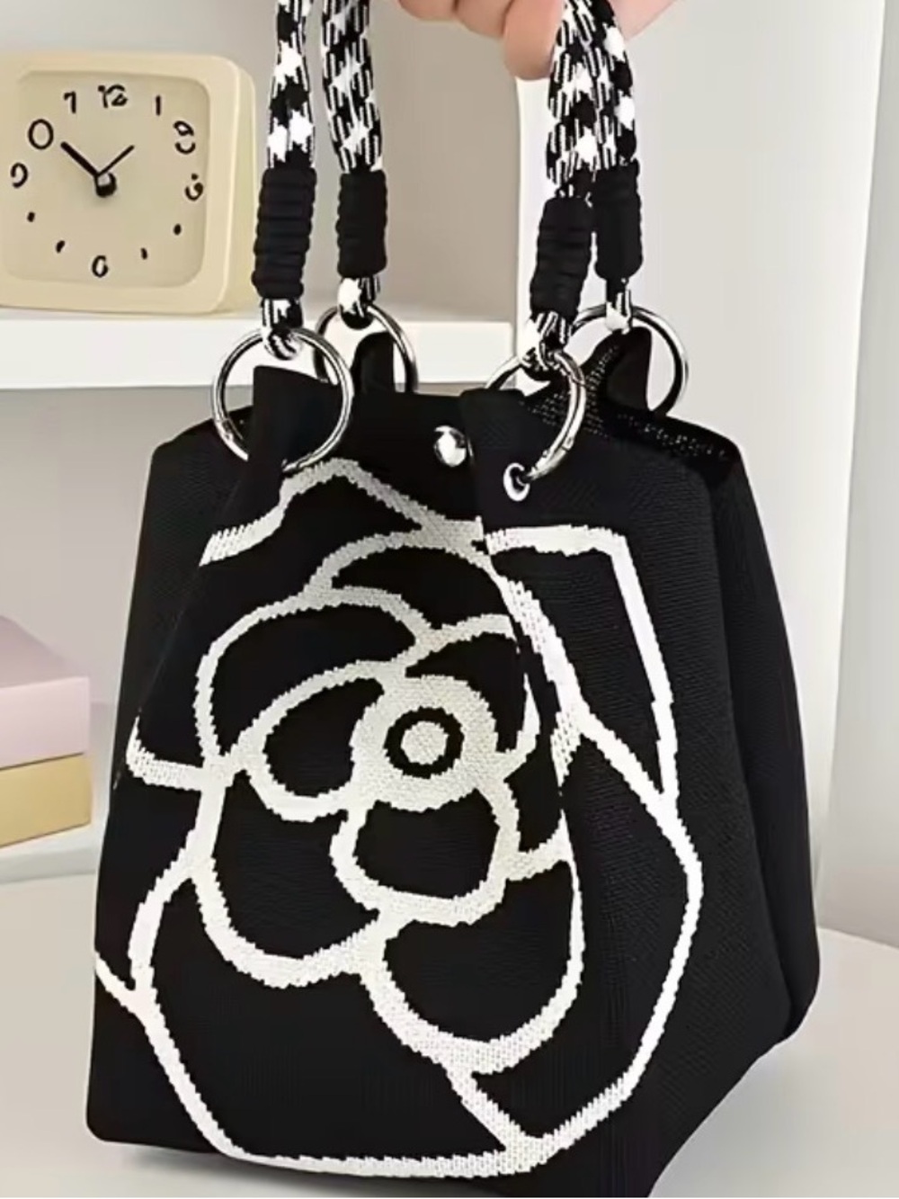 Black & White Floral Knit Tote Bag - Designer Style